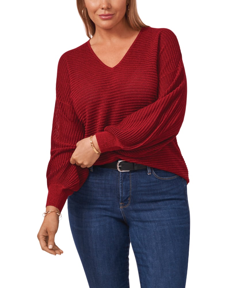 Front of a model wearing a size 0X Eliana Balloon-Sleeve Sweater in VIBRANTRED by 1.State. | dia_product_style_image_id:262572
